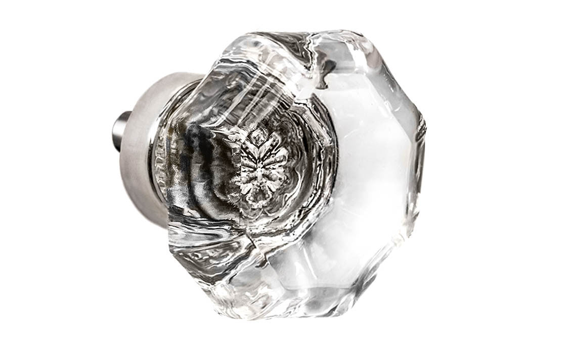 Octagonal Clear Glass Cabinet Knob with Polished Nickel Finish