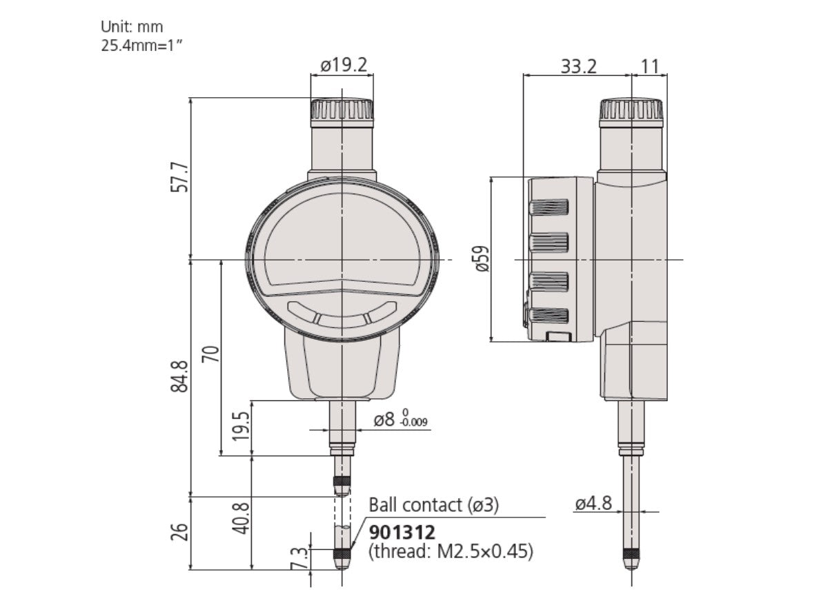 543-726B Mitutoyo Digimatic Indicator 1″ Range – .0005″ Res, 8mm Stem