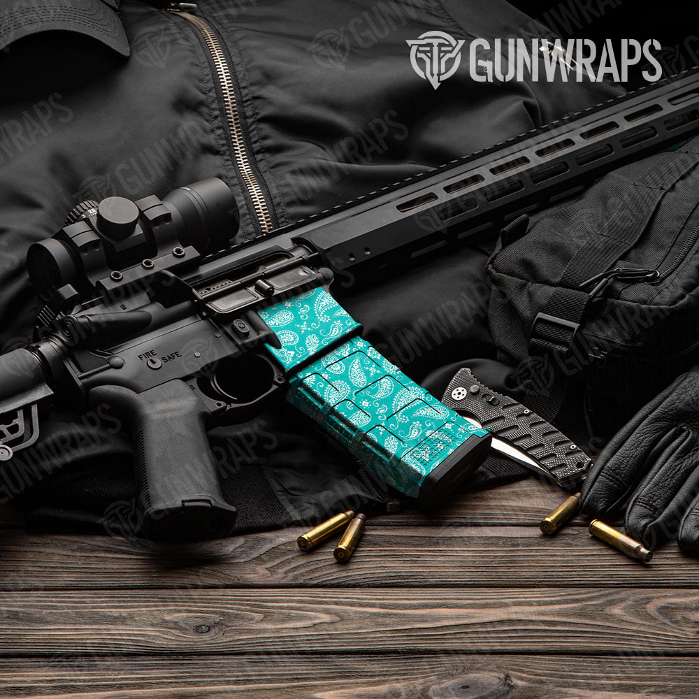 AR 15 Mag & Mag Well Bandana Tiffany Blue & White Gun Skin Vinyl Wrap