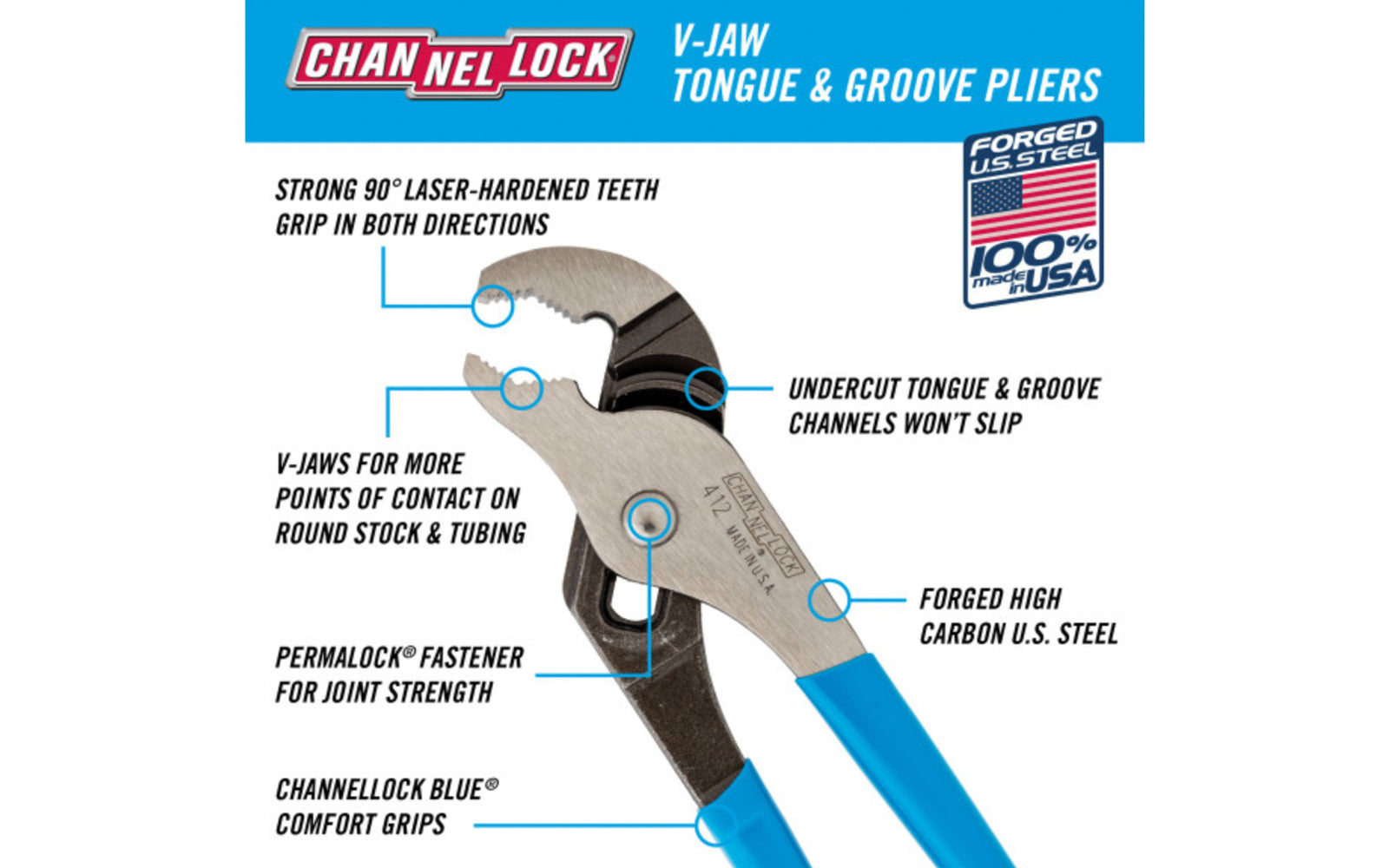 Channellock 6-1/2″ V-Jaw Tongue & Groove Plier – 412